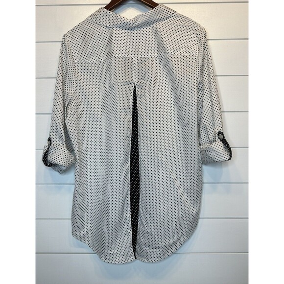 Chicos 2 Top Size 12 Large Black White Polkadot Button Down Shirt HiLow Roll Tab - Picture 10 of 10